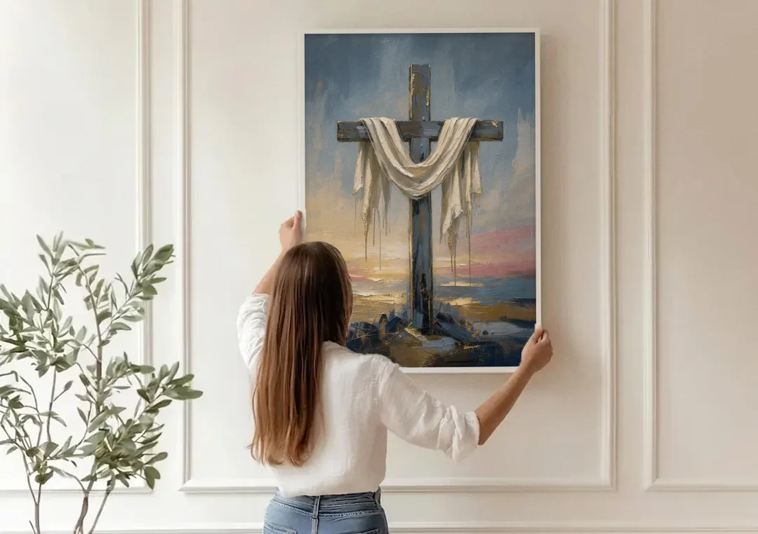 Contemporary Christian Art of the Draped Cross at Dawn canvas wall art being hung on a paneled wall