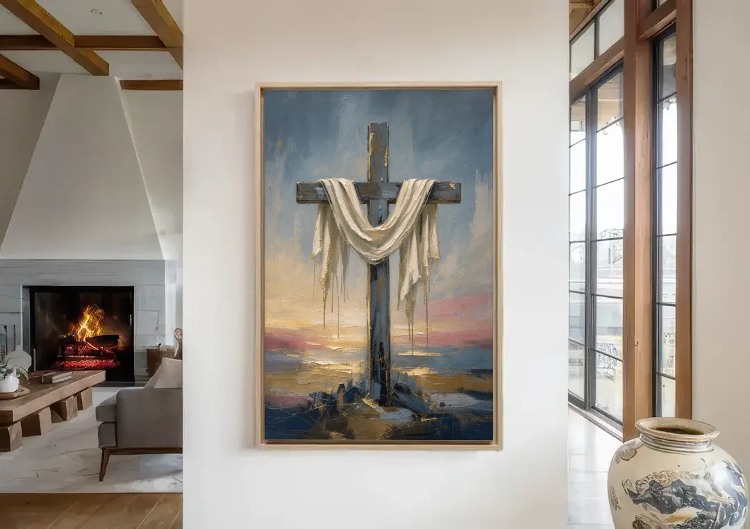 Contemporary Christian Art of the Draped Cross at Dawn canvas wall art in a living room with a fireplace