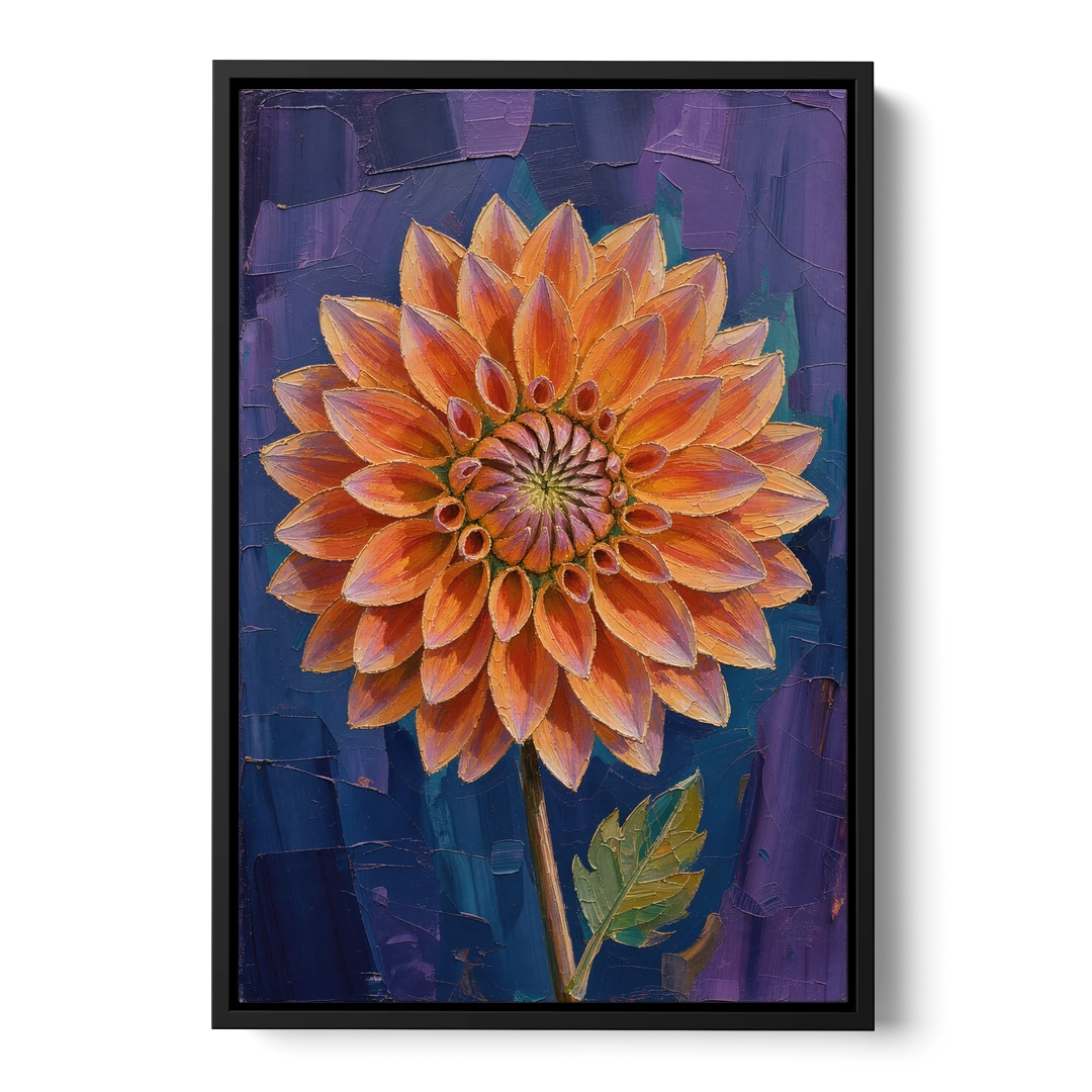 Contemporary Coral Dinnerplate Dahlia at Night - Black Framed Canvas Wall Art - Front