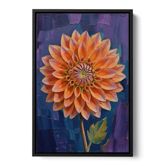 Contemporary Coral Dinnerplate Dahlia at Night - Black Framed Canvas Wall Art - Front