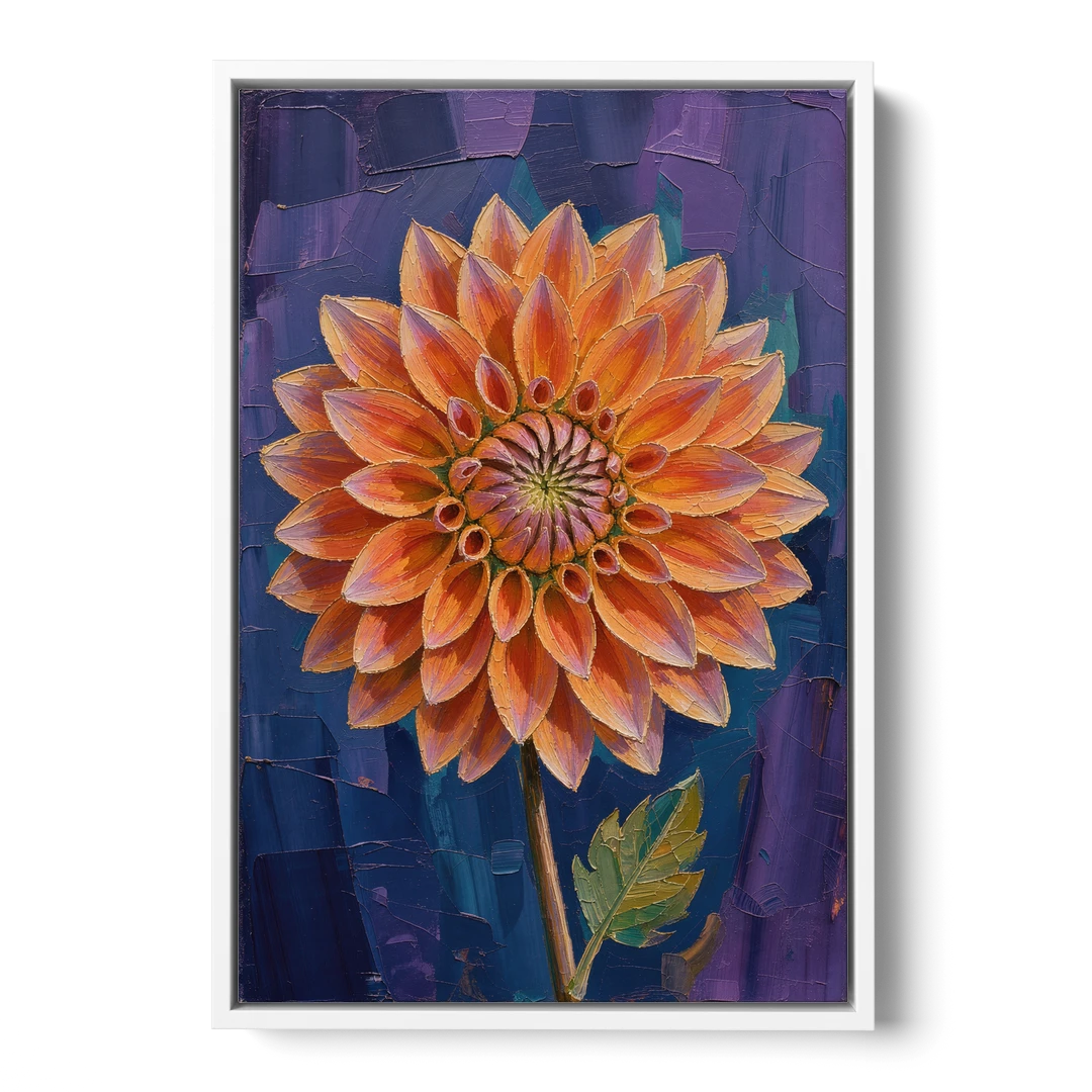 Contemporary Coral Dinnerplate Dahlia at Night - White Framed Canvas Wall Art - Front