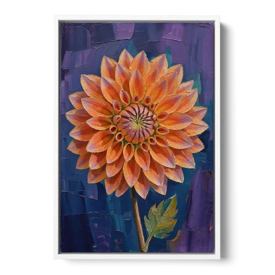 Contemporary Coral Dinnerplate Dahlia at Night - White Framed Canvas Wall Art - Front