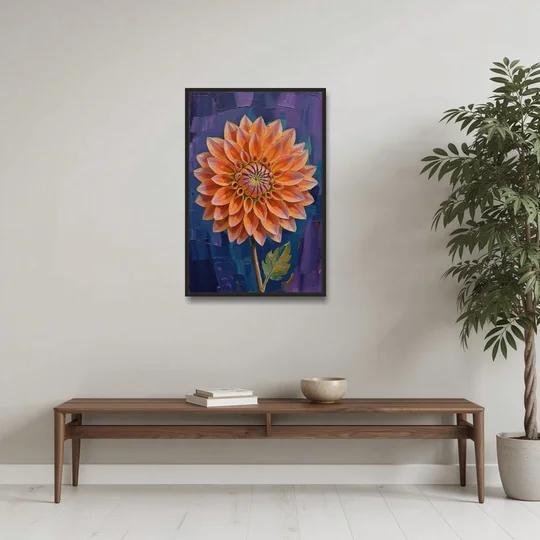 Contemporary Coral Dinnerplate Dahlia at Night - Black Framed Canvas Wall Art - Coffee Table - 24x36