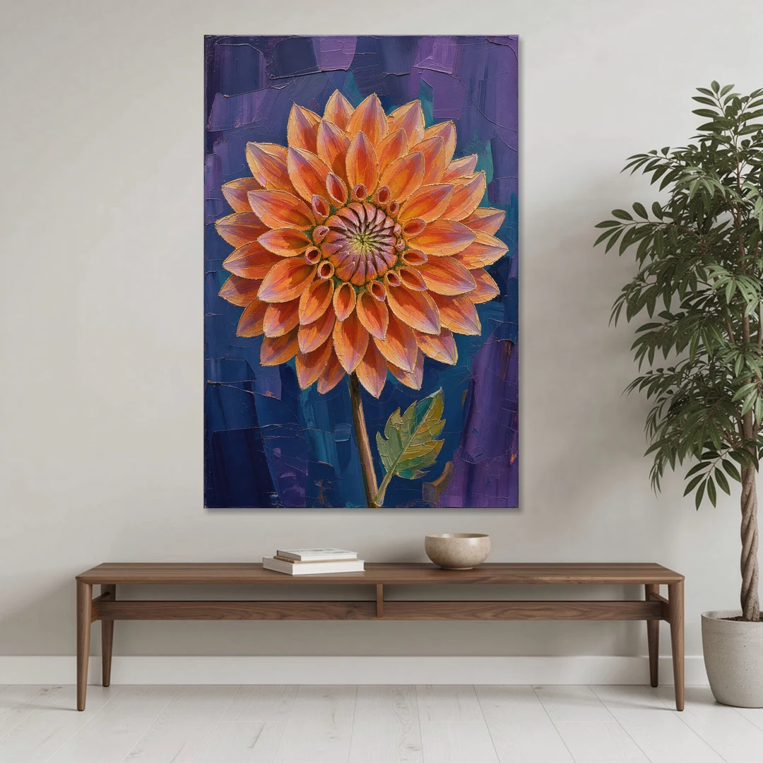 Contemporary Coral Dinnerplate Dahlia at Night - Canvas Wall Art - Coffee Table - 40x60