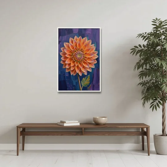 Contemporary Coral Dinnerplate Dahlia at Night - White Framed Canvas Wall Art - Coffee Table - 24x36