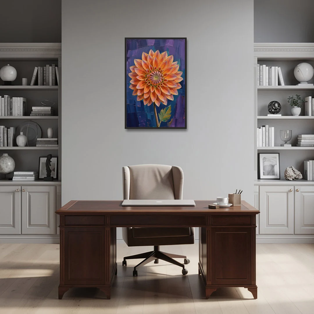 Contemporary Coral Dinnerplate Dahlia at Night - Black Framed Canvas Wall Art - Office - 24x36