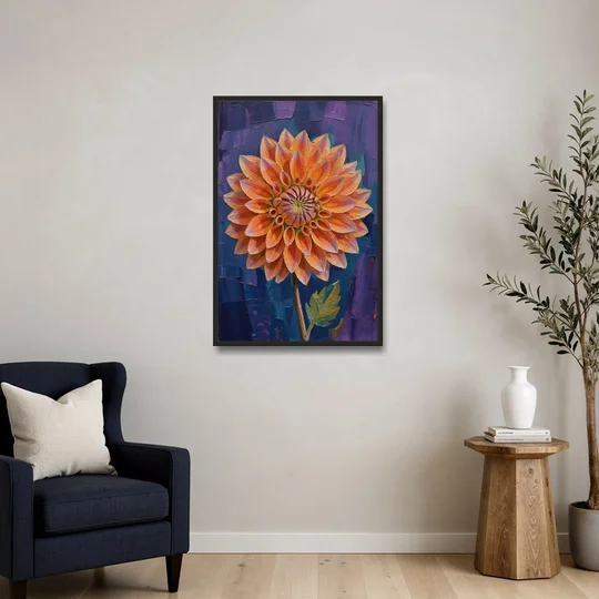 Contemporary Coral Dinnerplate Dahlia at Night - Black Framed Canvas Wall Art - Sofa - 24x36