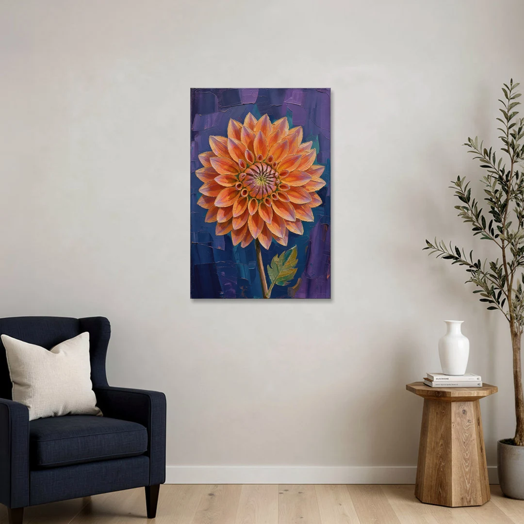 Contemporary Coral Dinnerplate Dahlia at Night - Canvas Wall Art - Sofa - 24x36
