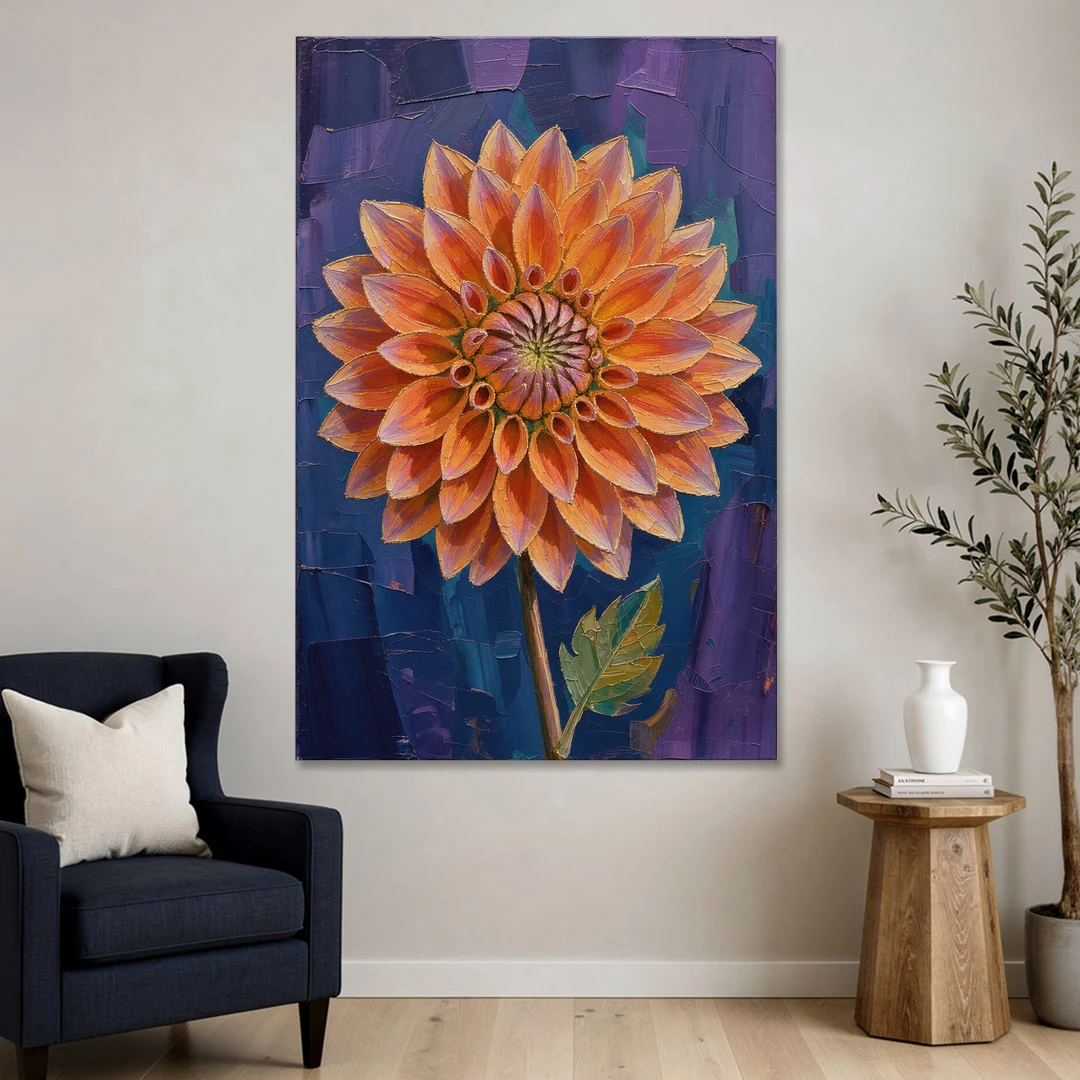 Contemporary Coral Dinnerplate Dahlia at Night - Canvas Wall Art - Sofa - 40x60