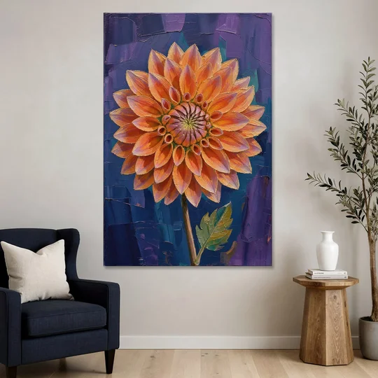 Contemporary Coral Dinnerplate Dahlia at Night - Canvas Wall Art - Sofa - 40x60