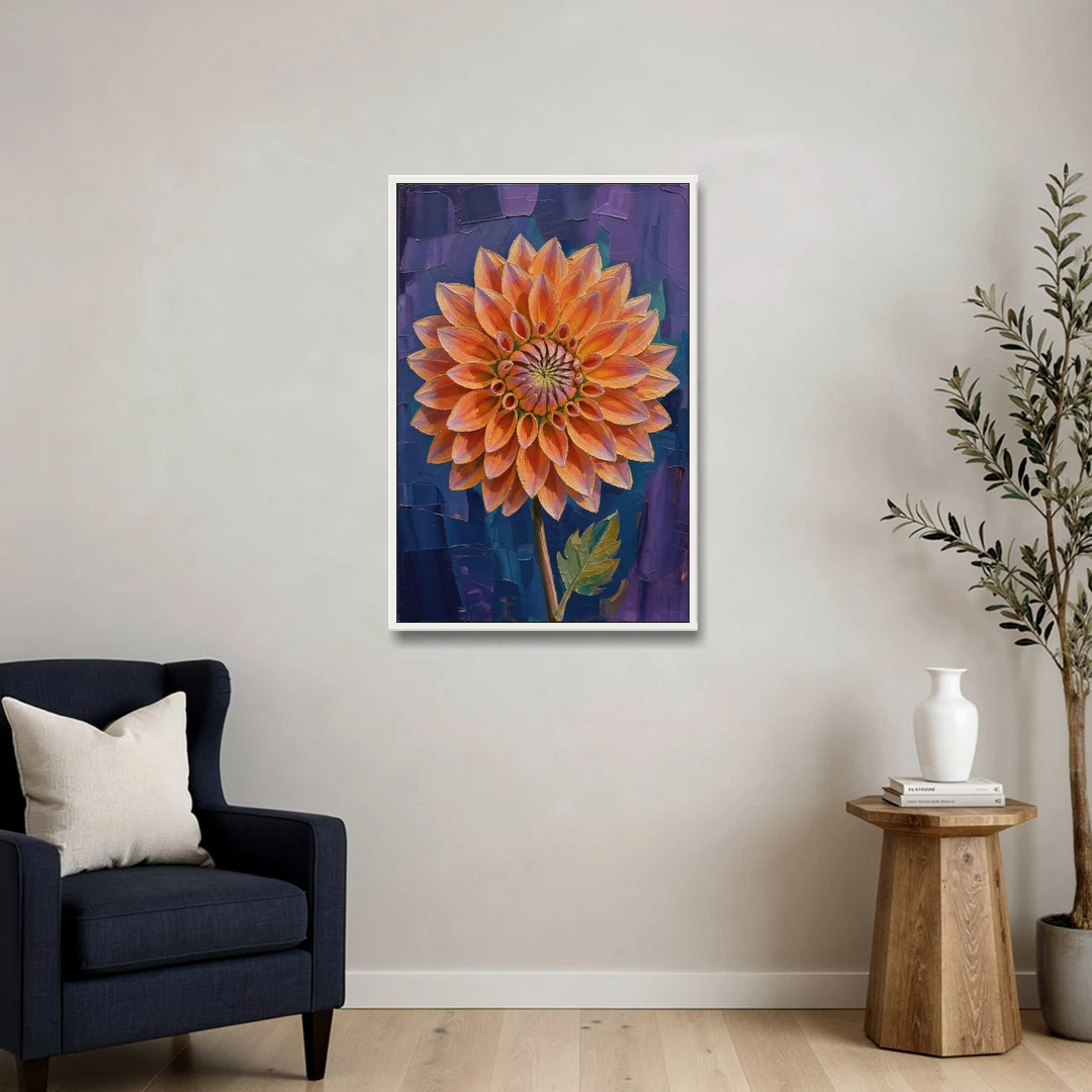 Contemporary Coral Dinnerplate Dahlia at Night - White Framed Canvas Wall Art - Sofa - 24x36