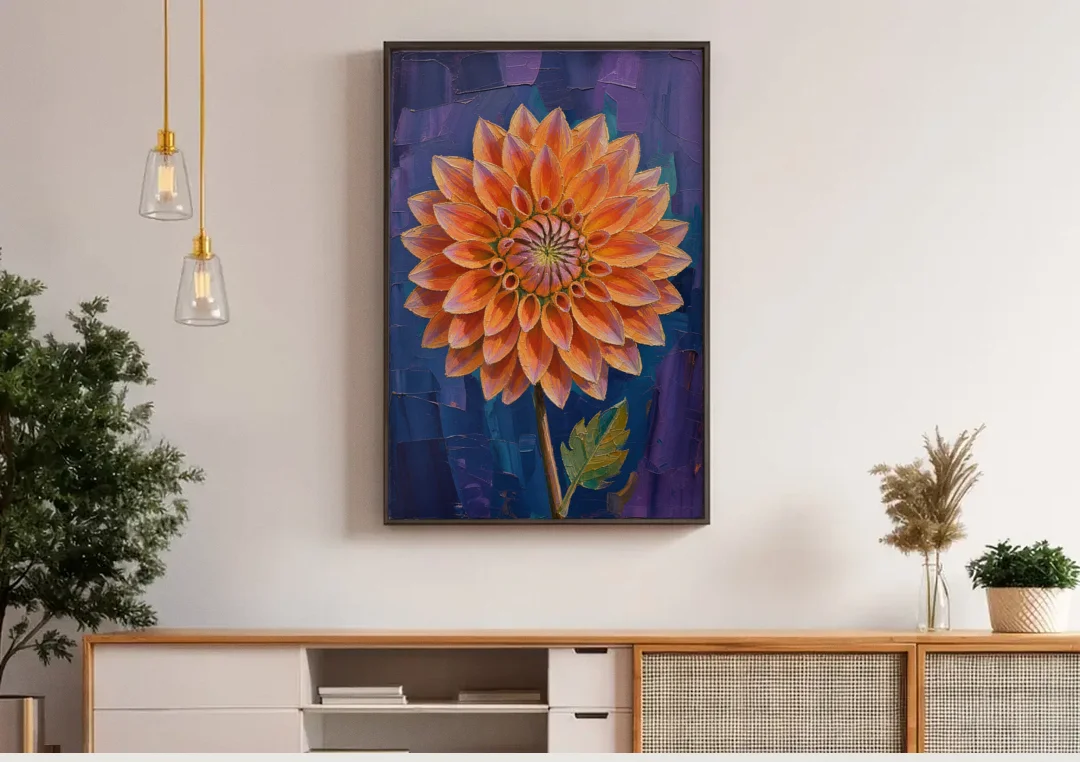 Contemporary Coral Dinnerplate Dahlia at Night canvas wall art above a wooden sideboard under pendant lights