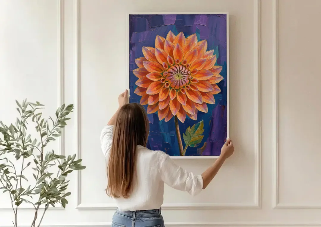 Contemporary Coral Dinnerplate Dahlia at Night canvas wall art being hung on a paneled wall