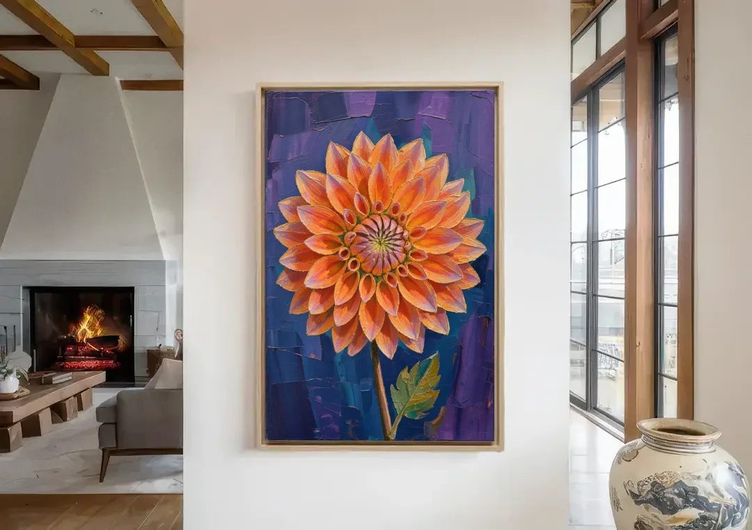 Contemporary Coral Dinnerplate Dahlia at Night canvas wall art in a living room with a fireplace