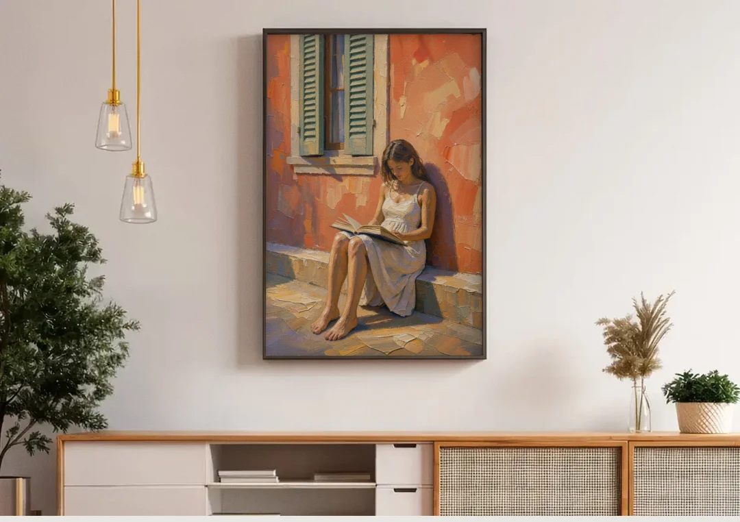 Contemporary Figurative Painting of a Sunlit Reader canvas wall art above a wooden sideboard under pendant lights
