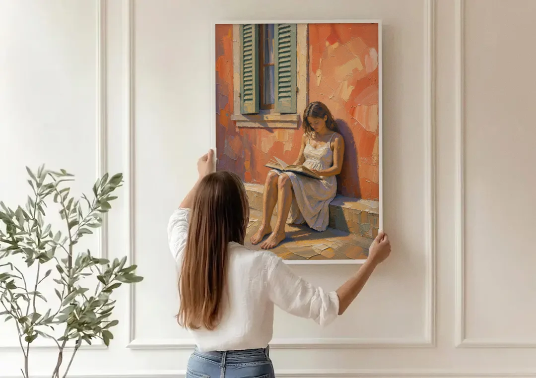 Contemporary Figurative Painting of a Sunlit Reader canvas wall art being hung on a paneled wall