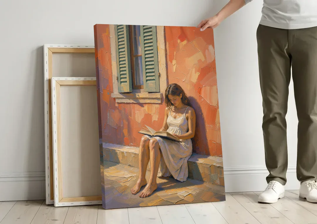 Contemporary Figurative Painting of a Sunlit Reader canvas wall art leaning against a wall next to blank canvases