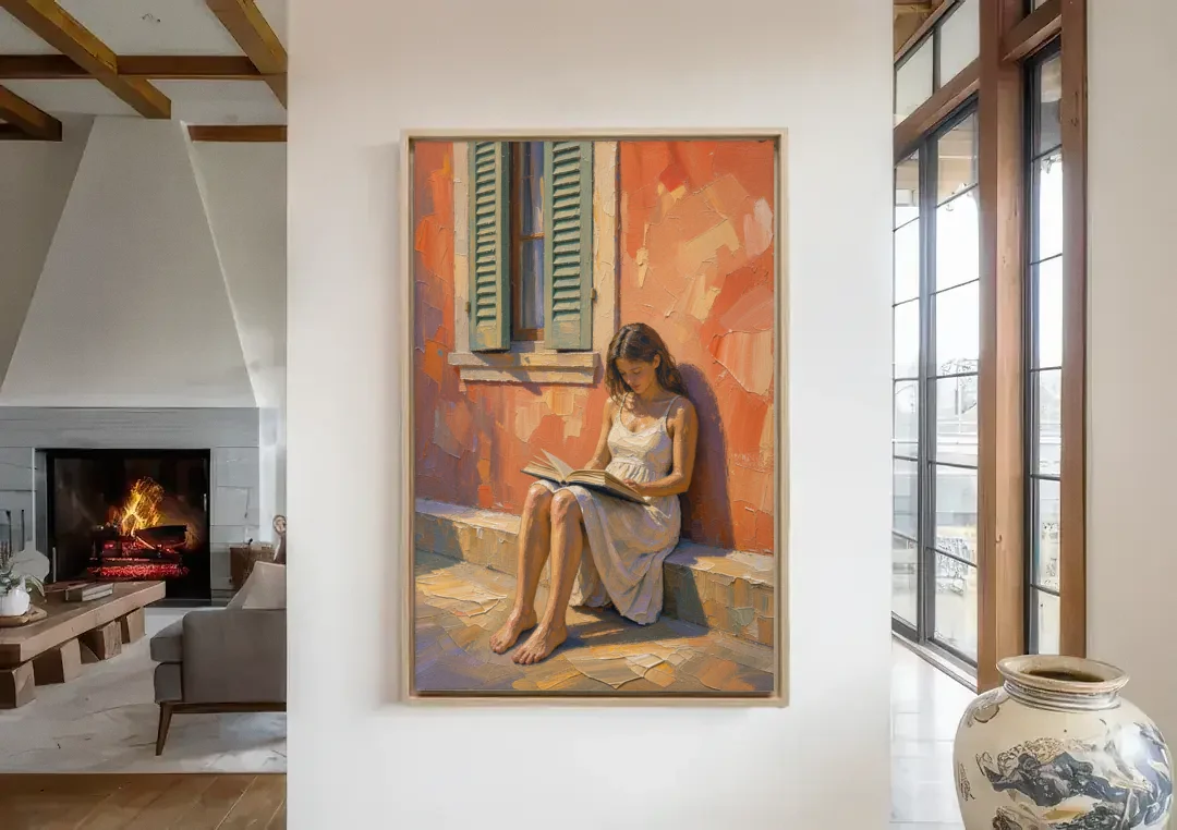 Contemporary Figurative Painting of a Sunlit Reader canvas wall art in a living room with a fireplace