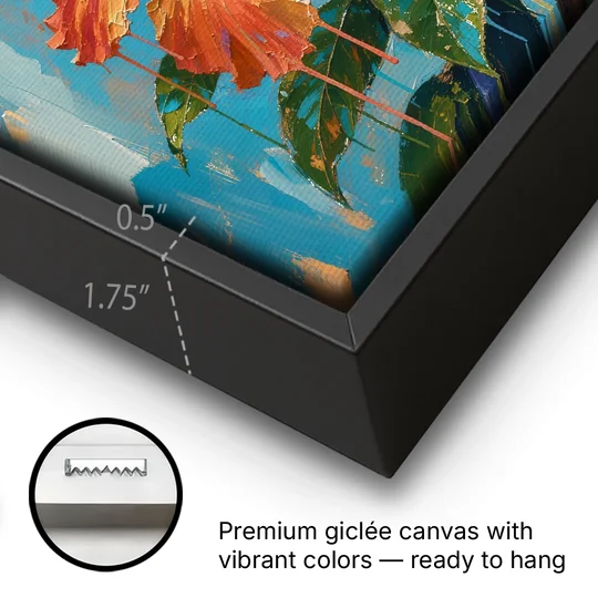 Contemporary Floral Painting of Coral Hibiscus - Black Framed Canvas Wall Art - Gallery Wrap Corner