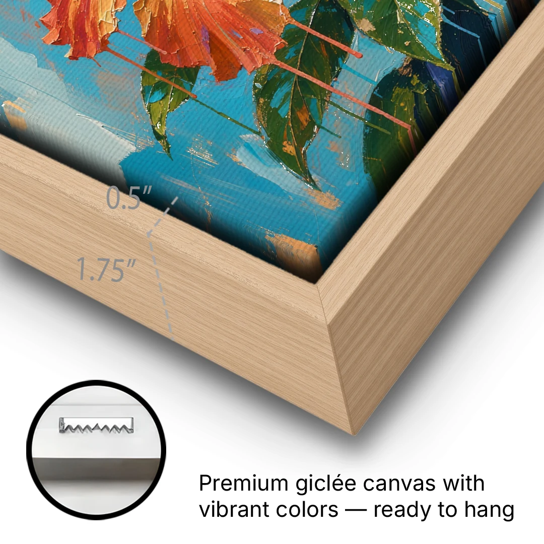 Contemporary Floral Painting of Coral Hibiscus - Oak Framed Canvas Wall Art - Gallery Wrap Corner