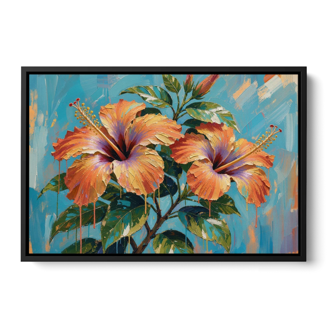 Contemporary Floral Painting of Coral Hibiscus - Black Framed Canvas Wall Art - Front