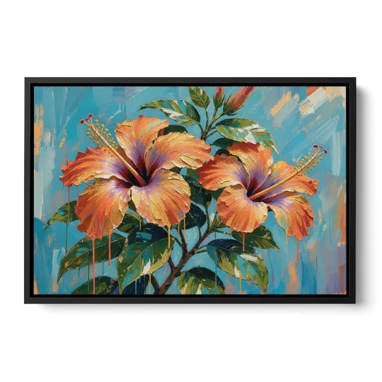 Contemporary Floral Painting of Coral Hibiscus - Black Framed Canvas Wall Art - Front