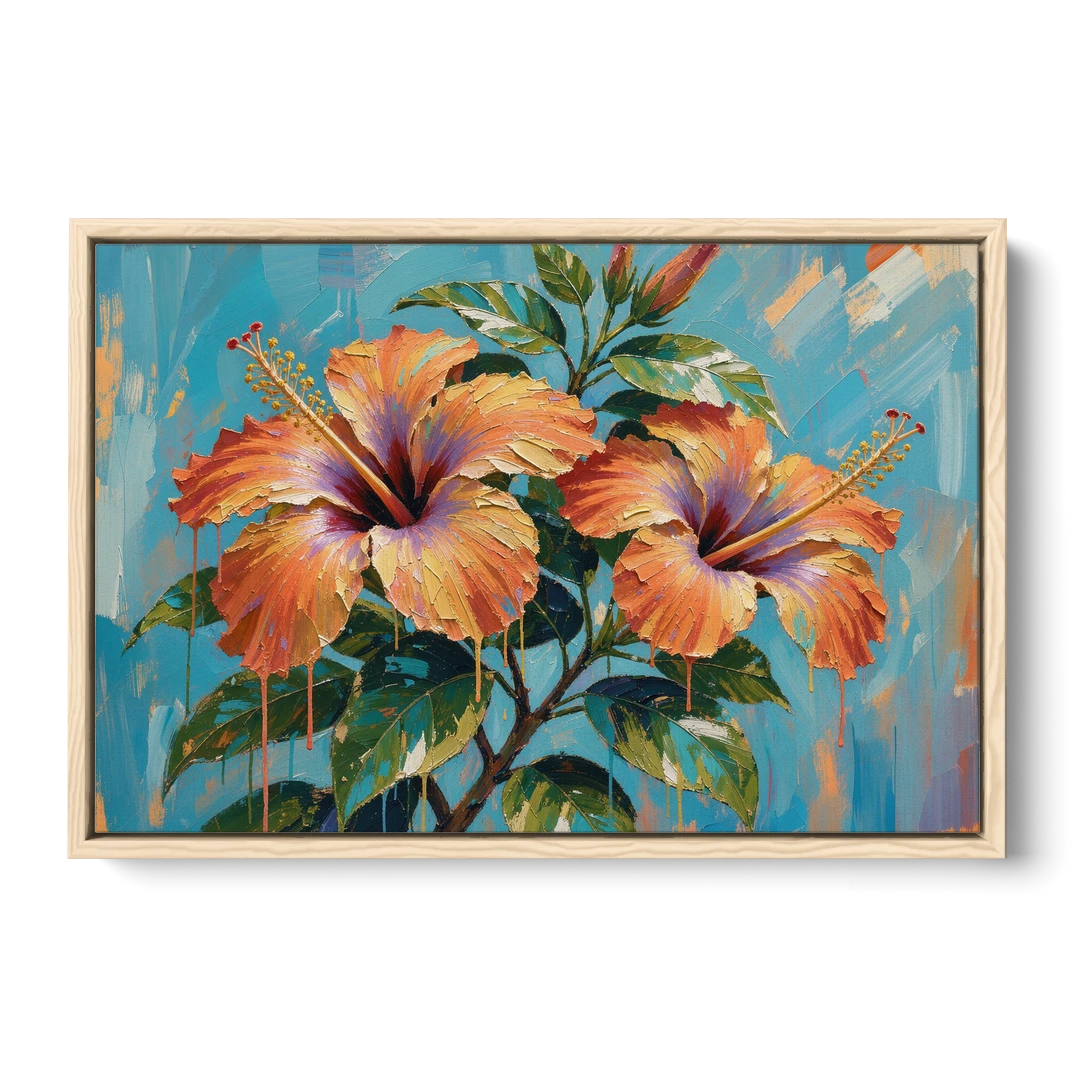 Contemporary Floral Painting of Coral Hibiscus - Oak Framed Canvas Wall Art - Front