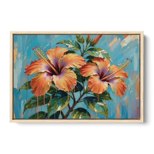 Contemporary Floral Painting of Coral Hibiscus - Oak Framed Canvas Wall Art - Front