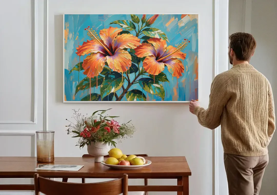 Contemporary Floral Painting of Coral Hibiscus canvas wall art above a dining table