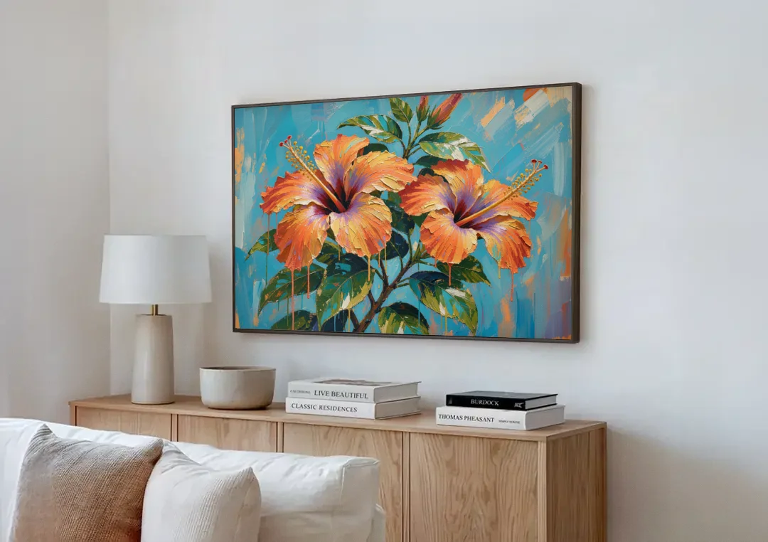 Contemporary Floral Painting of Coral Hibiscus canvas wall art above a wooden sideboard next to a sofa