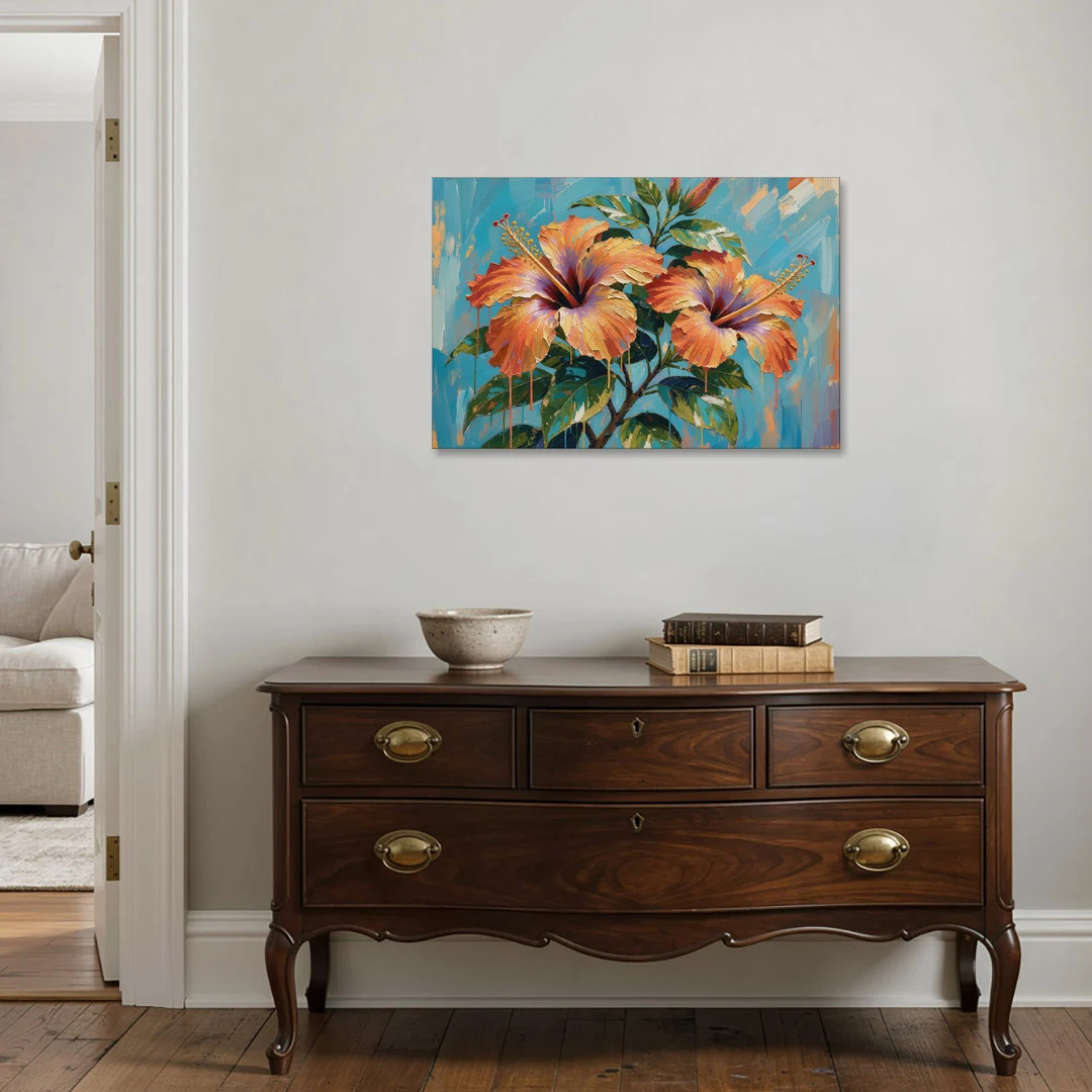Contemporary Floral Painting of Coral Hibiscus - Canvas Wall Art - Coffee Table - 36x24