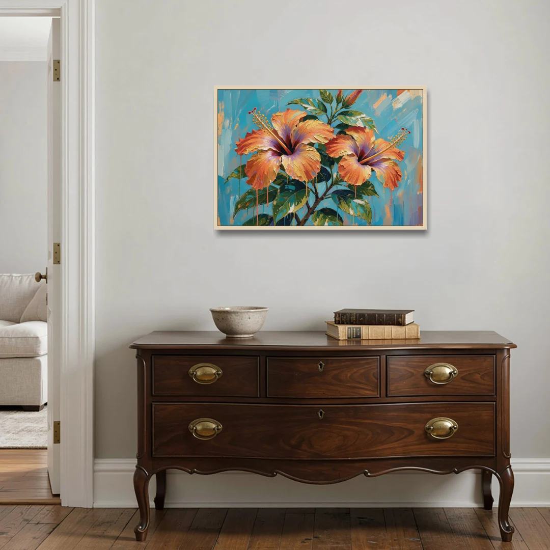 Contemporary Floral Painting of Coral Hibiscus - Oak Framed Canvas Wall Art - Coffee Table - 36x24