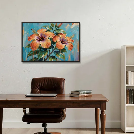 Contemporary Floral Painting of Coral Hibiscus - Black Framed Canvas Wall Art - Office - 36x24