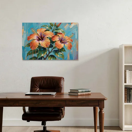 Contemporary Floral Painting of Coral Hibiscus - Canvas Wall Art - Office - 36x24