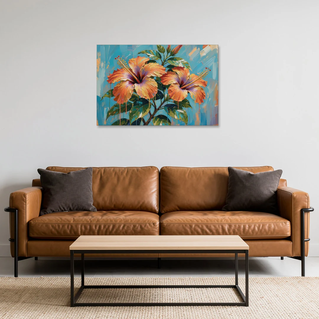 Contemporary Floral Painting of Coral Hibiscus - Canvas Wall Art - Sofa - 36x24