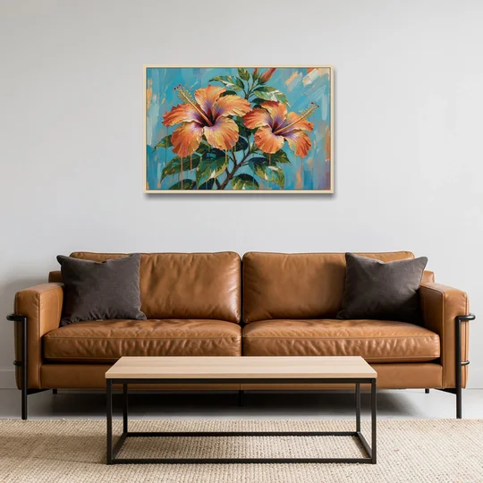 Contemporary Floral Painting of Coral Hibiscus - Oak Framed Canvas Wall Art - Sofa - 36x24