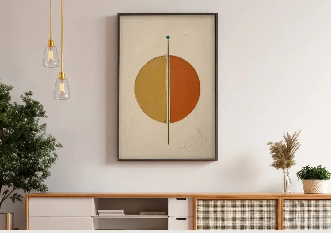 Contemporary Geometric Painting of a Divided Circle canvas wall art above a wooden sideboard under pendant lights