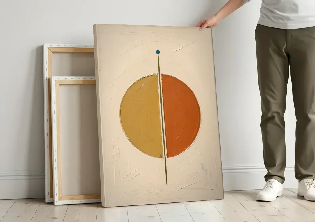Contemporary Geometric Painting of a Divided Circle canvas wall art leaning against a wall next to blank canvases