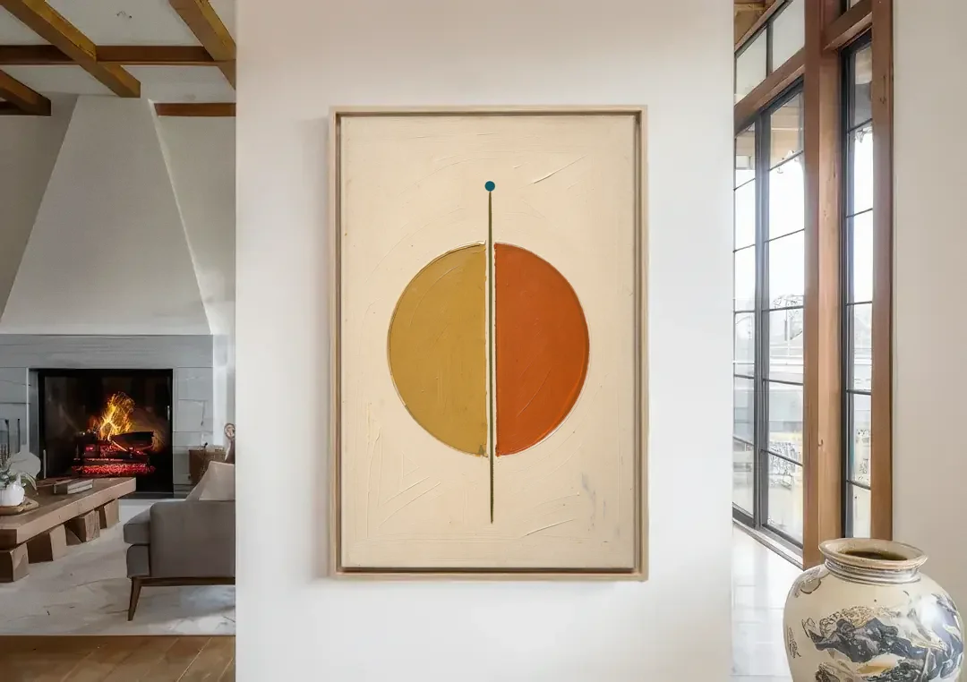 Contemporary Geometric Painting of a Divided Circle canvas wall art in a living room with a fireplace
