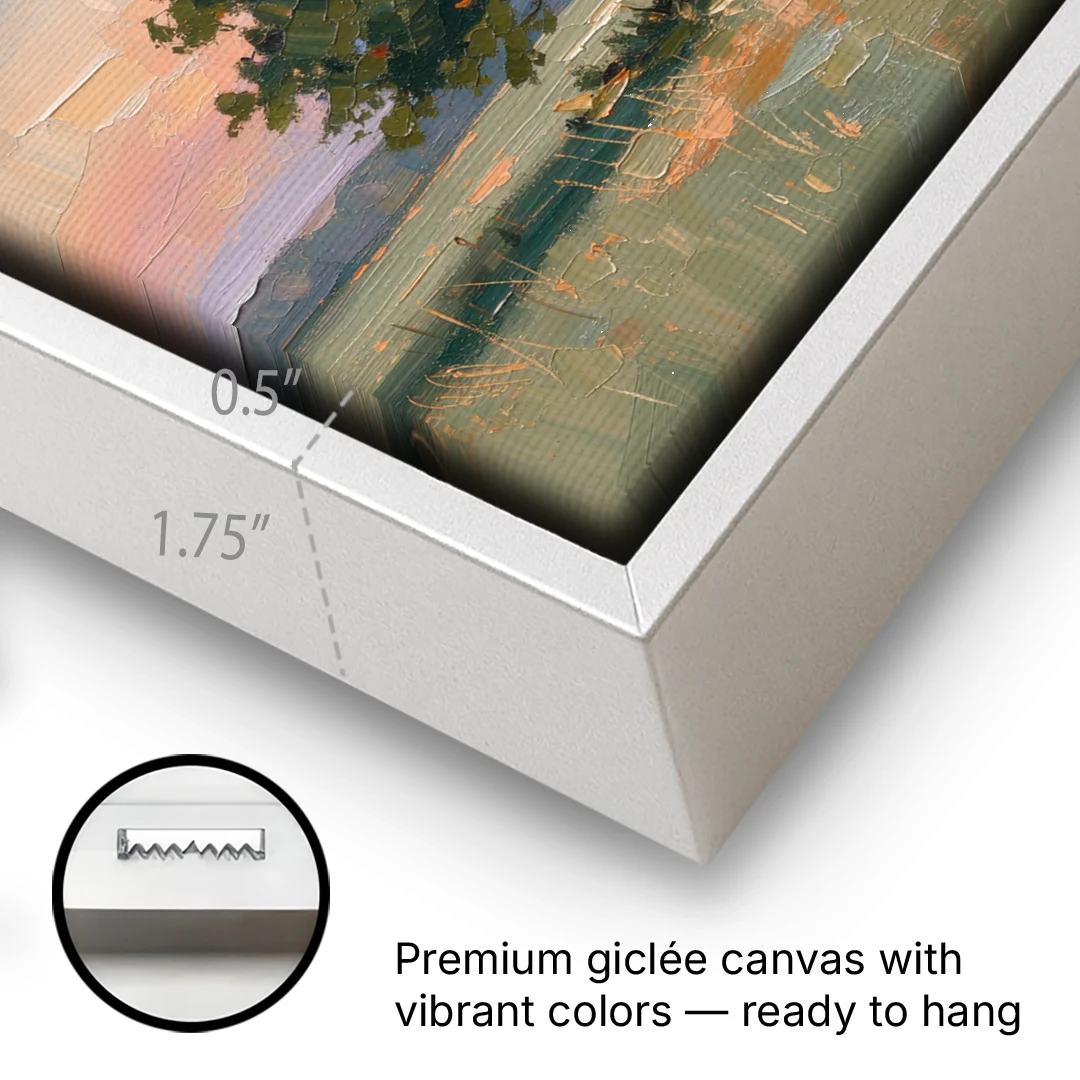 Contemporary Landscape Painting of Three Trees at Dusk - White Framed Canvas Wall Art - Gallery Wrap Corner