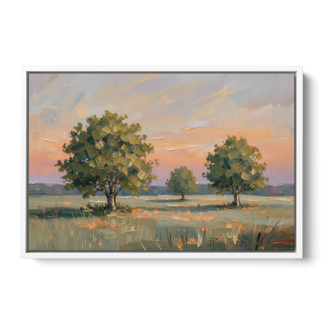 Contemporary Landscape Painting of Three Trees at Dusk - White Framed Canvas Wall Art - Front