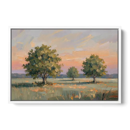 Contemporary Landscape Painting of Three Trees at Dusk - White Framed Canvas Wall Art - Front