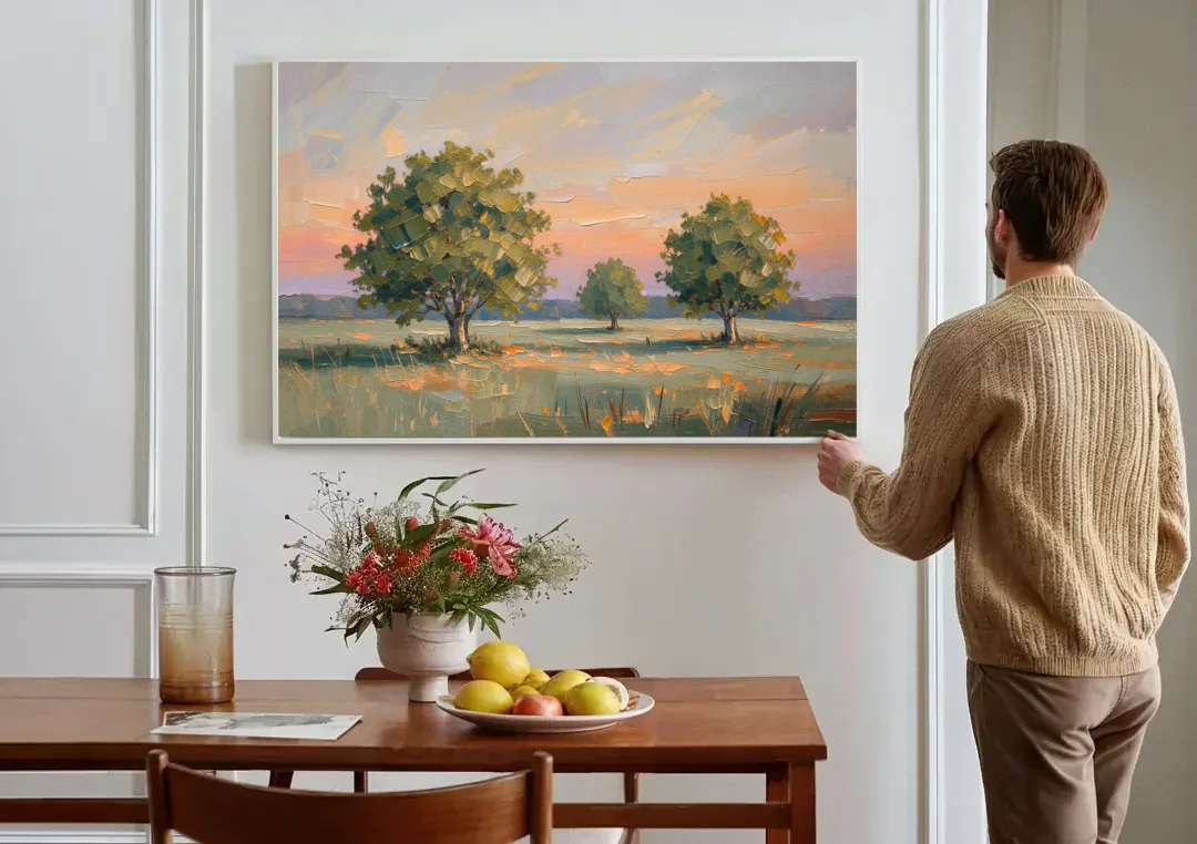 Contemporary Landscape Painting of Three Trees at Dusk canvas wall art above a dining table