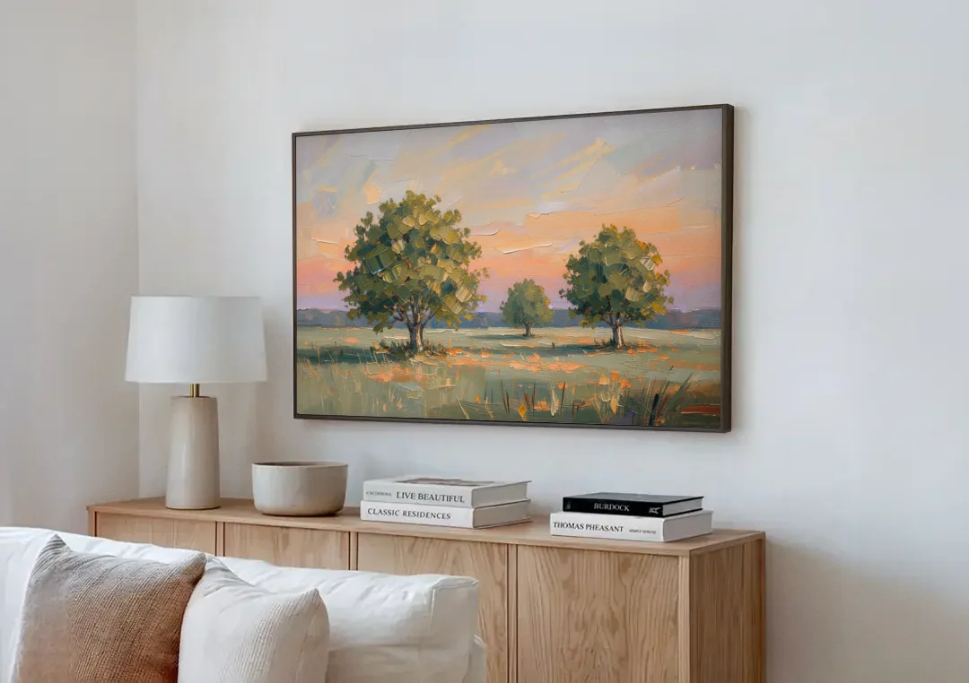 Contemporary Landscape Painting of Three Trees at Dusk canvas wall art above a wooden sideboard next to a sofa