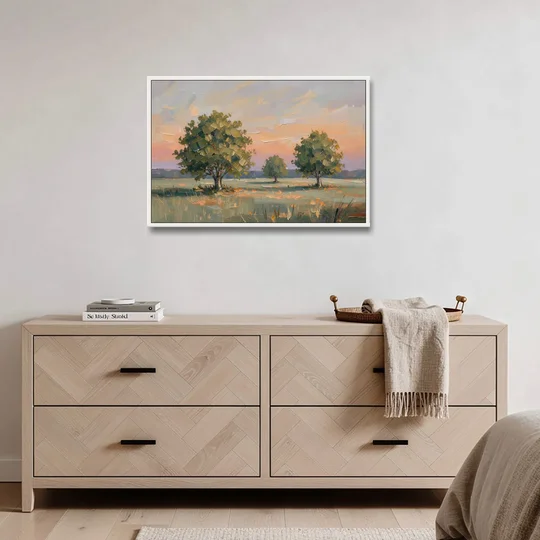 Contemporary Landscape Painting of Three Trees at Dusk - White Framed Canvas Wall Art - Coffee Table - 36x24