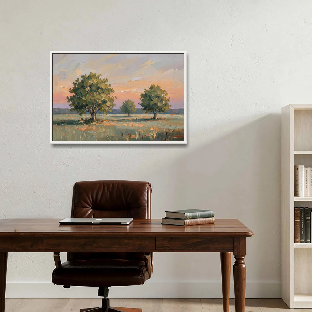 Contemporary Landscape Painting of Three Trees at Dusk - White Framed Canvas Wall Art - Office - 36x24