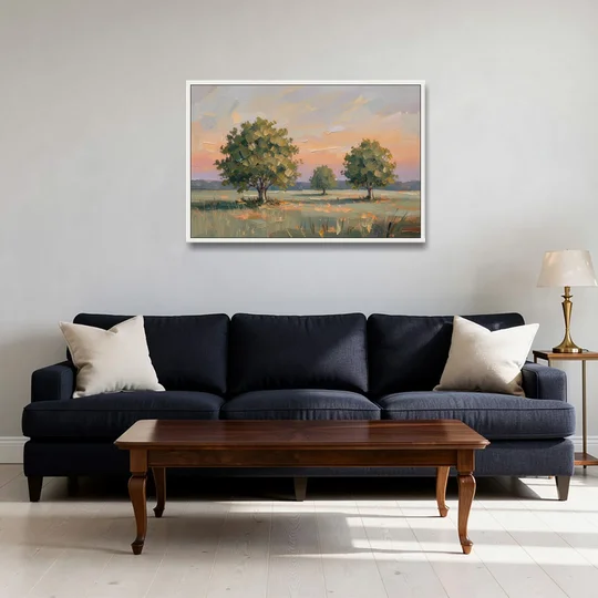 Contemporary Landscape Painting of Three Trees at Dusk - White Framed Canvas Wall Art - Sofa - 36x24