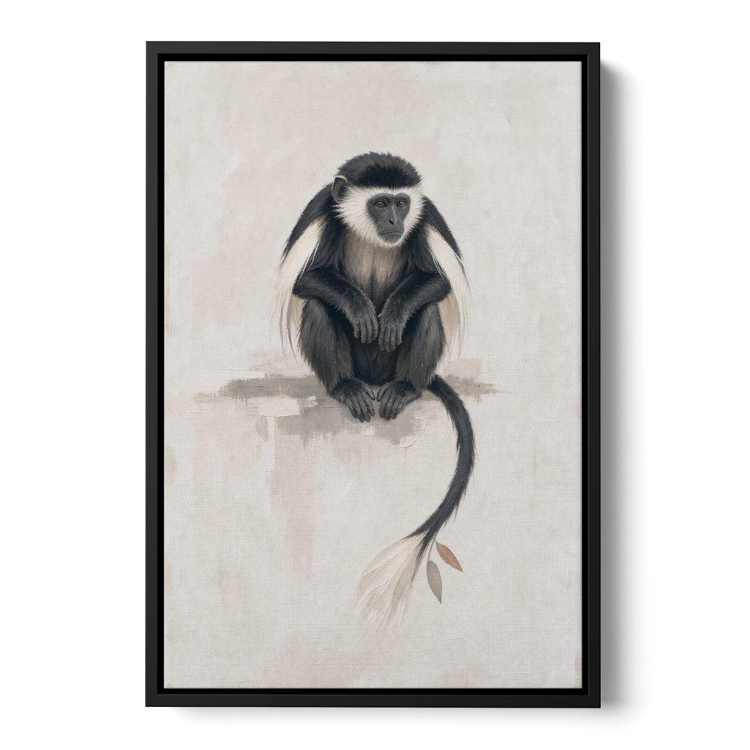Contemporary Nursery Wall Art with a Colobus Monkey - Black Framed Canvas Wall Art - Front