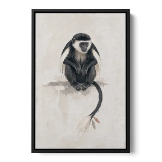 Contemporary Nursery Wall Art with a Colobus Monkey - Black Framed Canvas Wall Art - Front