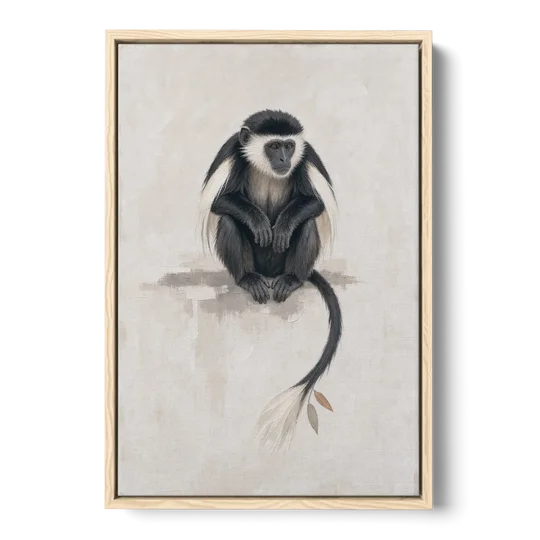 Contemporary Nursery Wall Art with a Colobus Monkey - Oak Framed Canvas Wall Art - Front